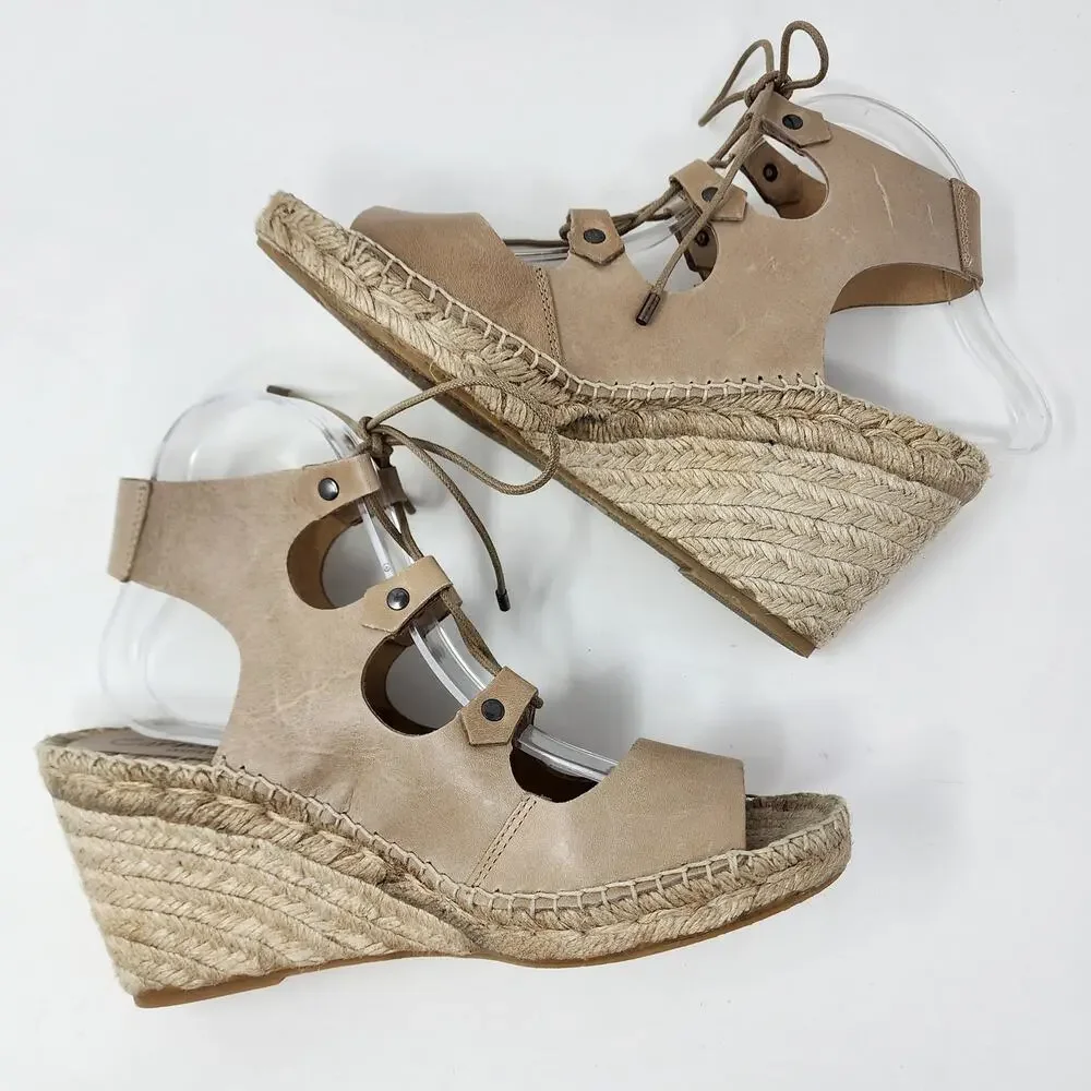 Carmen Saiz Espadrille Sandal Women 8.5M Beige Leather Strappy Jute Wedge Shoes